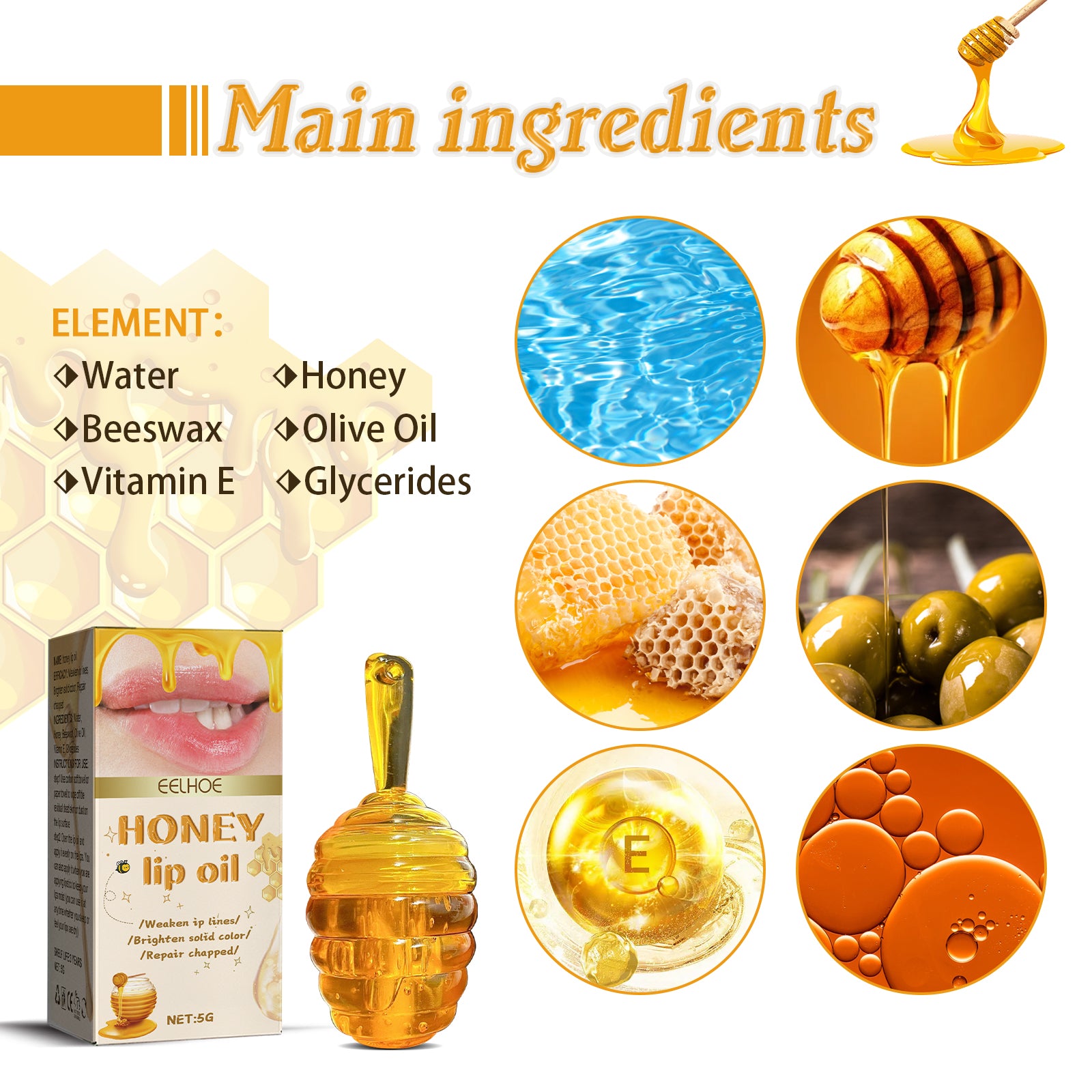 EELHOE Honey Lip Oil, Reduces Lip Lines, Prevents Cracking And Peeling, Moisturizing Lip Care Oil.