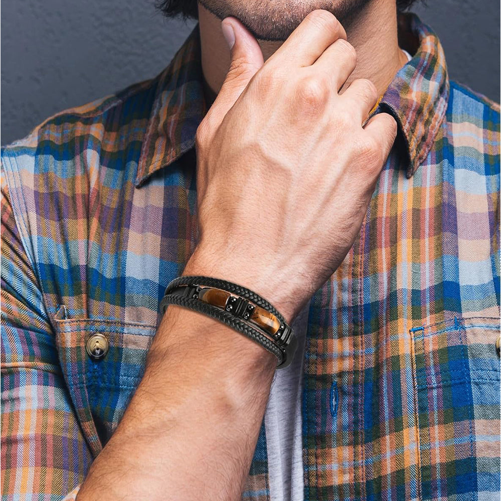 Natural Tiger Eye Stone Bracelet Healing Tiger Eye Quartz Leather Braided Gift